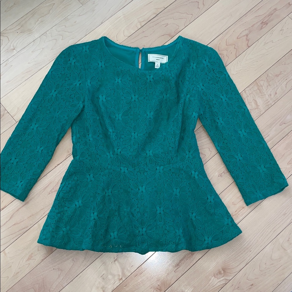 Anthropologie Moulinette Soeurs Teal Lace Peplum Blouse Green size 4